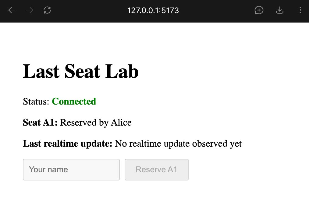 The Last Seat Lab browser showing a connected client and A1 reserved by Alice