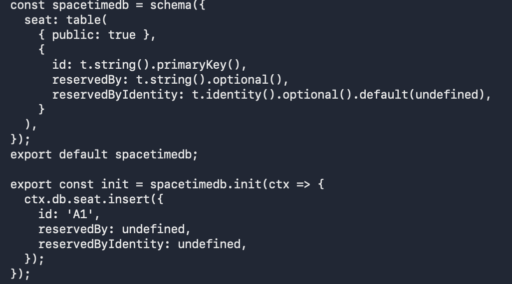 The SpacetimeDB seat table schema and initialization code